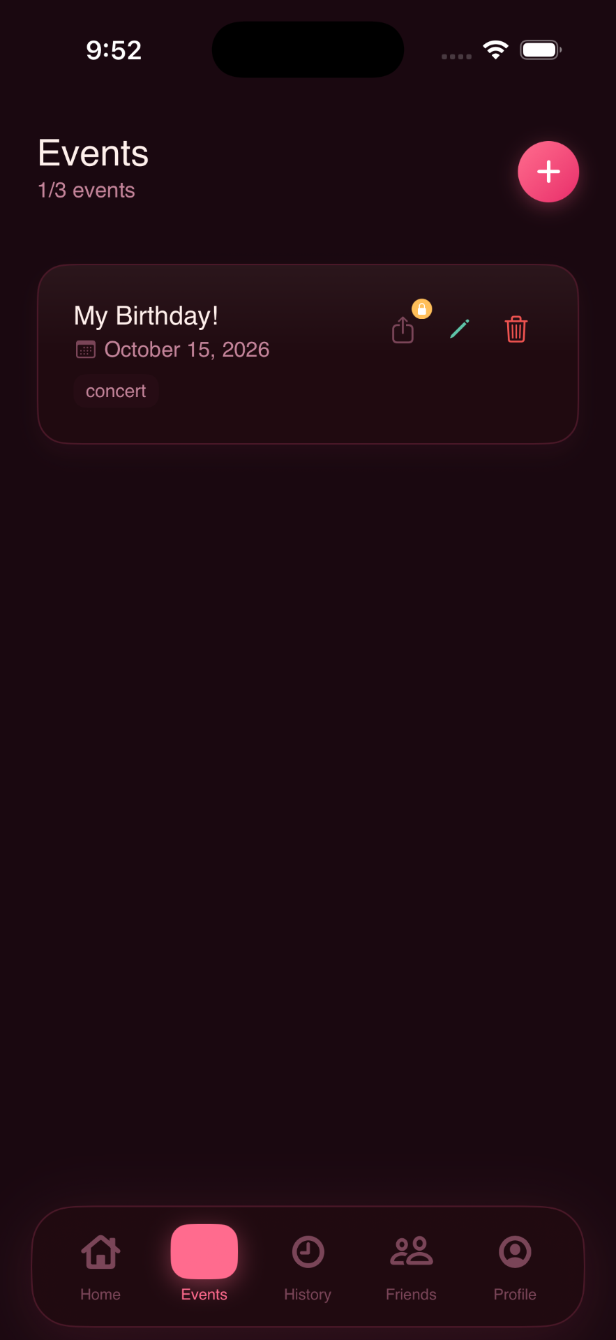 Events list in dark mode