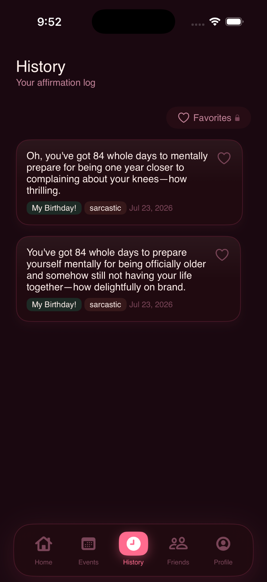 History log in dark mode