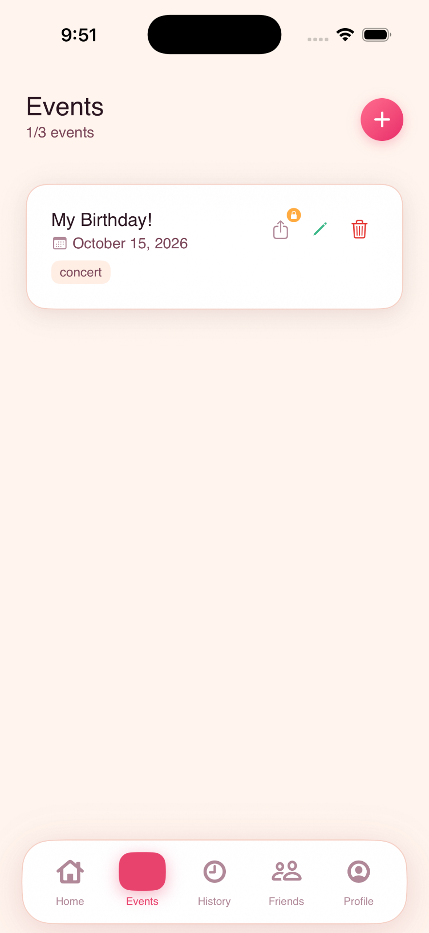 Events list with My Birthday countdown