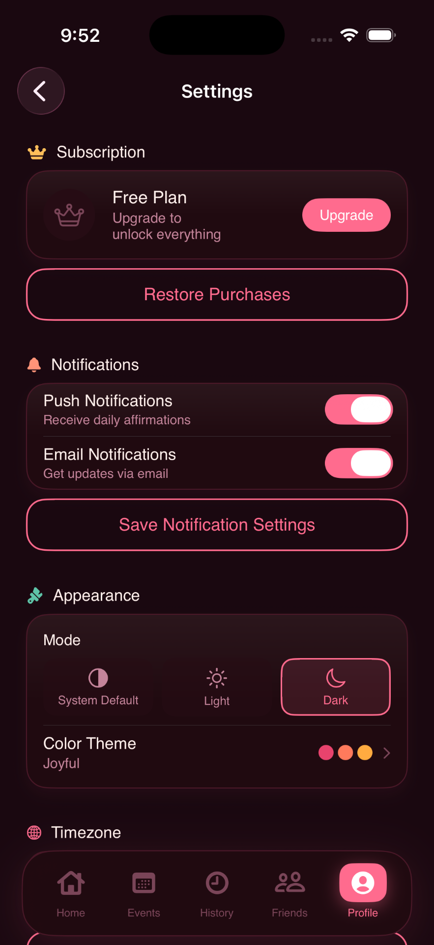 Settings in dark mode