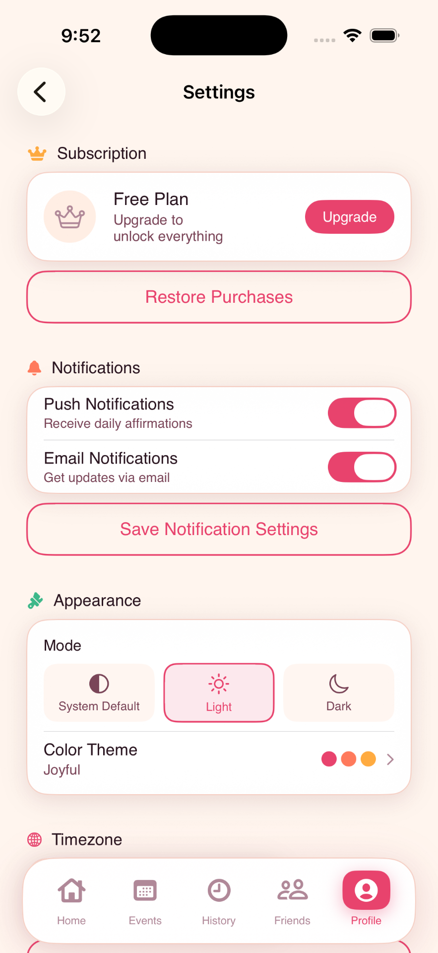 Settings screen with subscription and appearance options